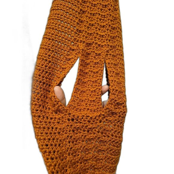 Handmade crocheted scarf, burnt orange color, with opening to secure scarf, 93" - Picture 3 of 8